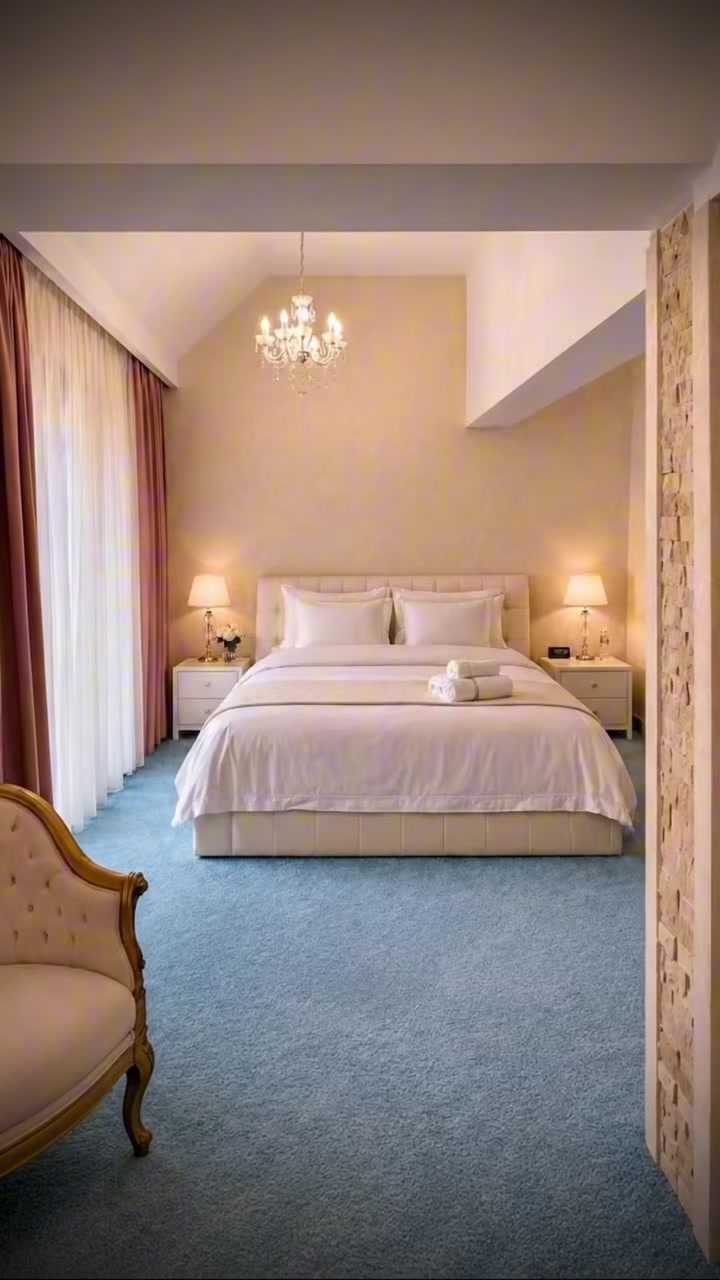 Dormitor luminos cu zonă de lucru și fotoliu de relaxare